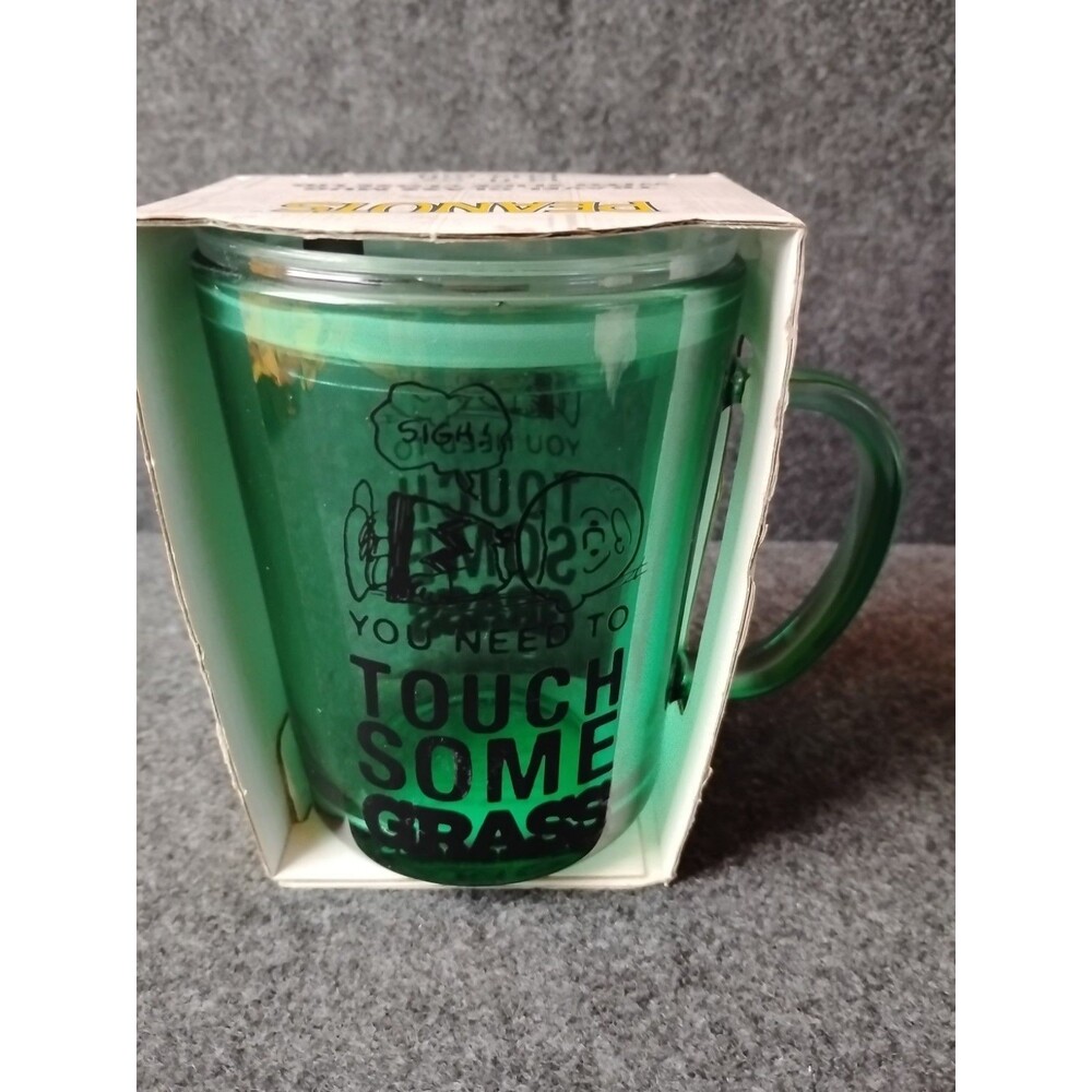 Peanuts Charlie Brown Green Glass Travel Mug w Lid Urban Outfitters Touch Grass